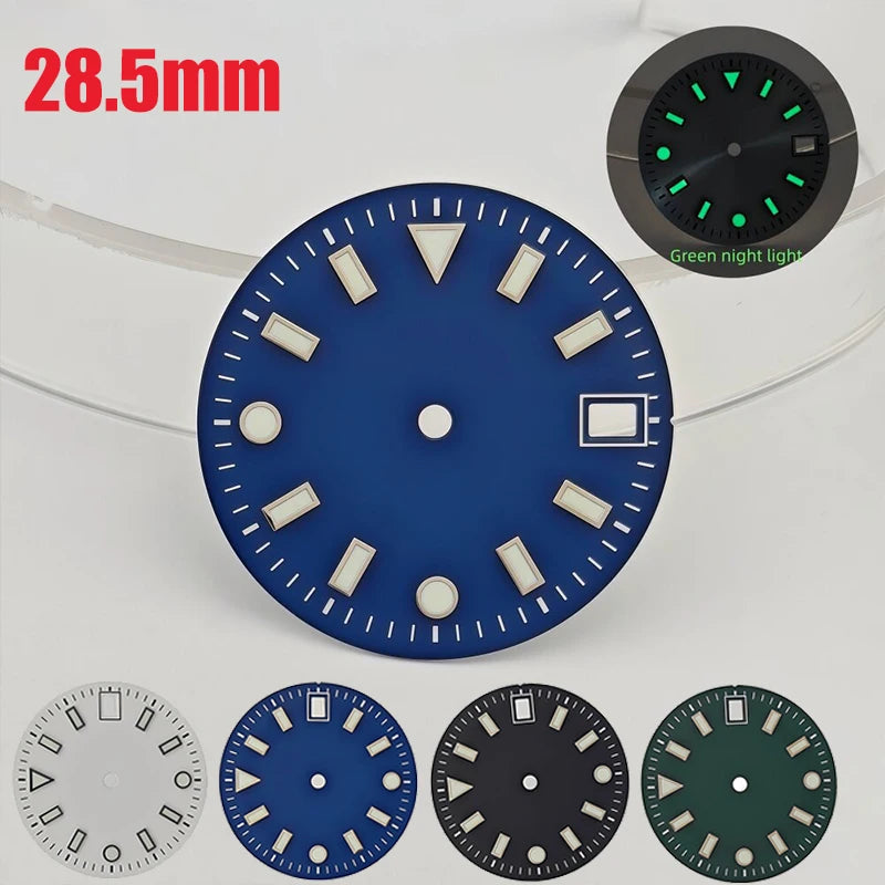28.5mm watch dials for NH35/NH36 movements with green luminous dials for watch replacement parts no logo