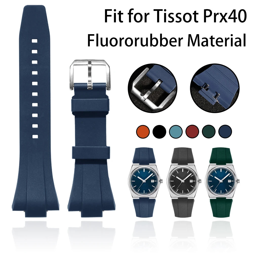 Ajustement parfait pour le bracelet en caoutchouc Tissot PRX 40 FKM avec fermoir à ardillon argenté - 12 mm pour les bracelets de montre Powermatic 80 (unisexe)