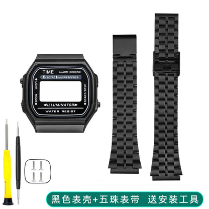 Boîtier de lunette métallique en acier inoxydable + Kit de bracelet pour Casio F91W/A158/A159 – Bracelet de montre et outils de remplacement personnalisés (argent/noir/or)