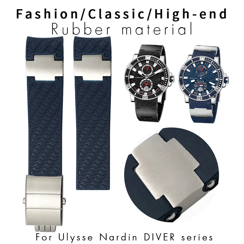 Bracelet de montre en caoutchouc de silicone à extrémité incurvée de 22mm, pour Ulysse Nardin 263 DIVER, noir, bleu, ondulé, étanche