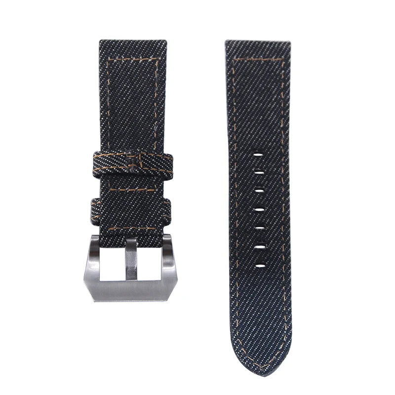 Bracelet de montre en Denim pour hommes, 24mm, noir, vintage, en toile, en coton, avec boucle