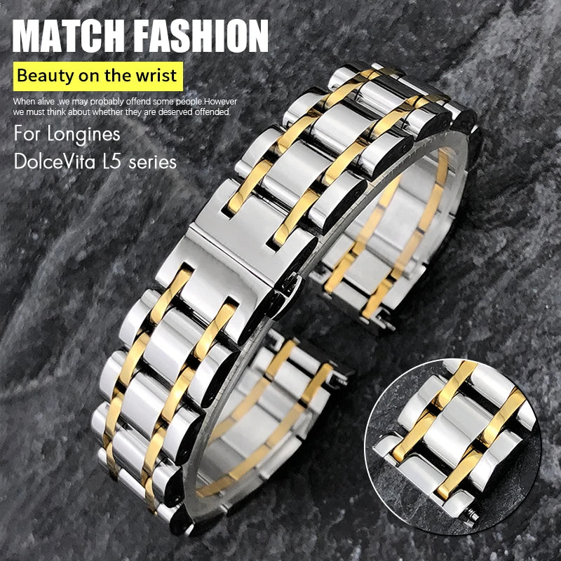 Cinturino per orologio in acciaio inossidabile 316L, 15/17mm, per orologio da donna Longines L5.512 L5.255, argento, oro rosa, con strumento di regolazione gratuito