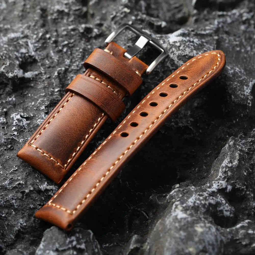 Cinturino per orologio da uomo fatto a mano in pelle bovina, strato superiore, beige, vintage, 20mm, 22mm, 24mm, struttura in bronzo morbido e ispessito