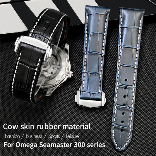 Genuine Leather Watch Strap Crocodile Pattern Thick Cowhide for Omega Seamaster 300 Speedmaster AT150 19mm 20mm 21mm Watchband