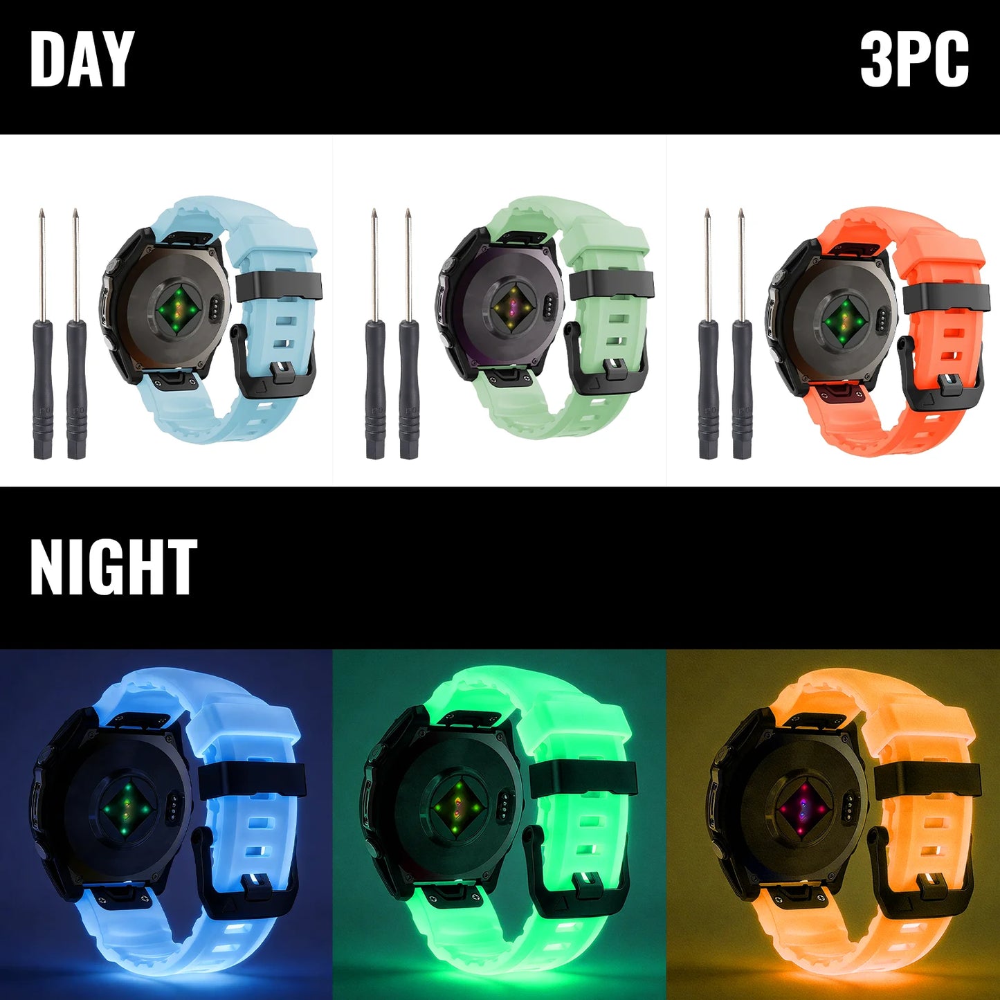 Cinturino per orologio luminoso, 3 pezzi, 22/26 mm, per Garmin Fenix 6/6X/7X/Fenix 8 (51/47 mm), Fenix 5X/5X Plus/6X Pro, cinturino sportivo unisex
