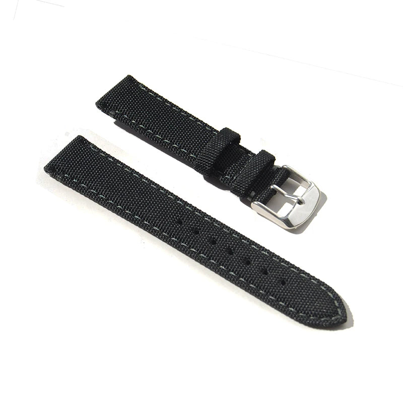 Premium Quality Nylon Black Sailcloth Leather Stitched Watch Strap 18mm 20mm 22mm