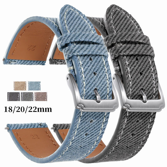Cinturino per orologio a sgancio rapido in denim vintage, motivo jeans, 18 mm 20 mm 22 mm, cinturino in vera pelle cucito per braccialetti sportivi in tela Seiko