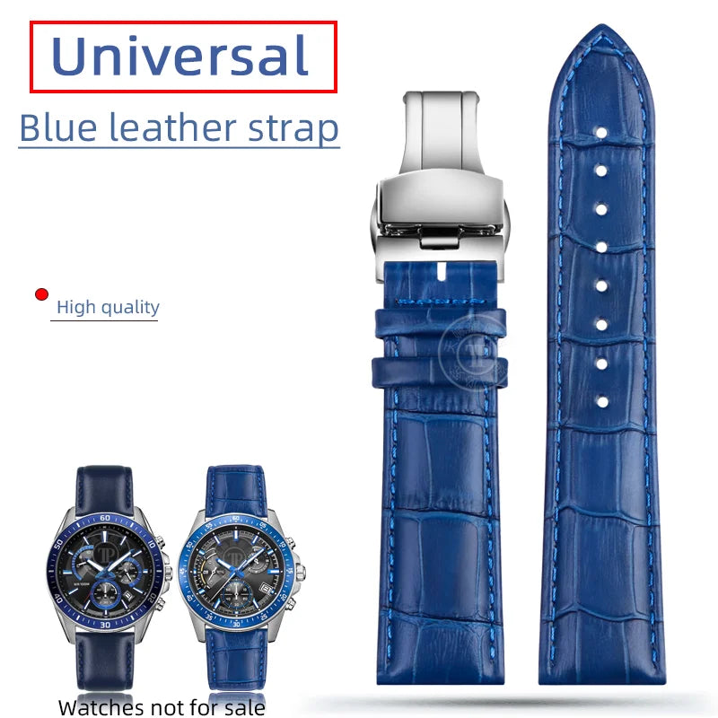 Blue Leather Bracelet for Men and Women, 12mm, 14mm, 16mm, 18mm, 20mm, 22mm for Tissot Longines, Omega Seamaster, Blue, Black, Brown