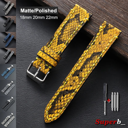 Bracelet en cuir véritable fait à la main pour hommes, pour Seiko, motif peau de serpent et de requin gaufré, bracelet de montre vintage en cuir de vache noir, 18mm, 20mm, 22mm