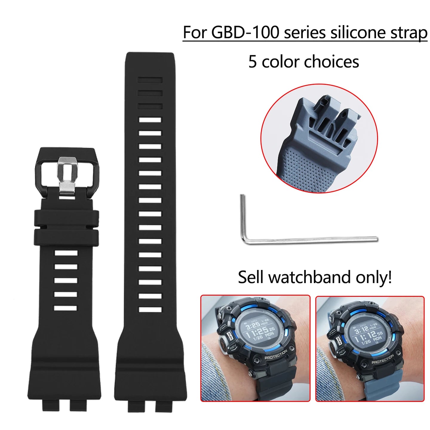 Cinturino di ricambio in silicone morbido impermeabile per orologio Casio GBD-100 Series, cinturino sportivo da esterno da uomo, accessori