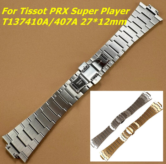 سوار ساعة لساعة تيسو Tissot PRX Super Player T137410A/407A، مقاس 26*12 ملم، وصلة محدبة، معدن فاخر، فضي، ذهبي، ستانلس ستيل