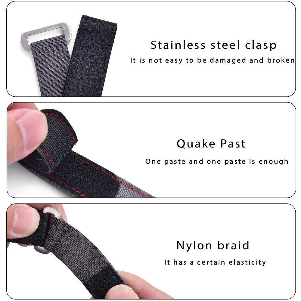 20mm Hook-and-Loop Elastic Watch Strap, High-Quality Leather and Nylon Replacement Band, Watch Accessories