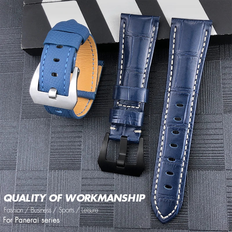 Men's 22mm Blue Cowhide Genuine Leather Watch Strap for PANERAI LUMINOR 1950 GMT SUBMERSIBLE PAM00688 00927 Pin Buckle Band
