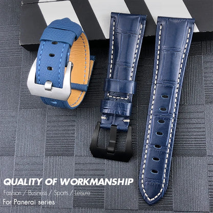 Men's 22mm Blue Cowhide Genuine Leather Watch Strap for PANERAI LUMINOR 1950 GMT SUBMERSIBLE PAM00688 00927 Pin Buckle Band