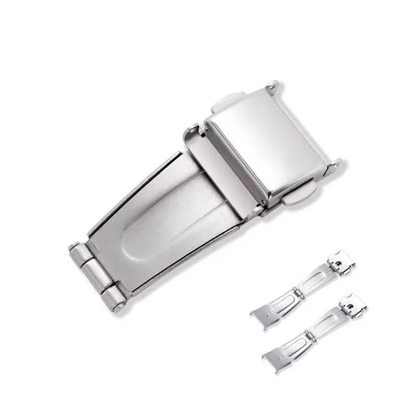 Unisex watch clasp in silver stainless steel, double push button folding strap buckle for wristwatch accessories