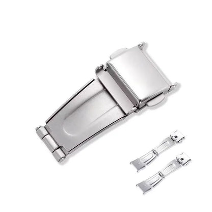 Unisex watch clasp in silver stainless steel, double push button folding strap buckle for wristwatch accessories