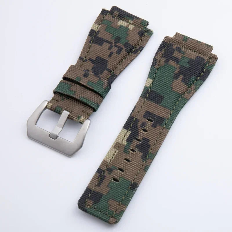 Soft Nylon Canvas Watch Strap, Green Camouflage, 34x24mm, for Bell Bracelet, Suitable for BR01 BR03 Ross, Convex End Pin Buckle