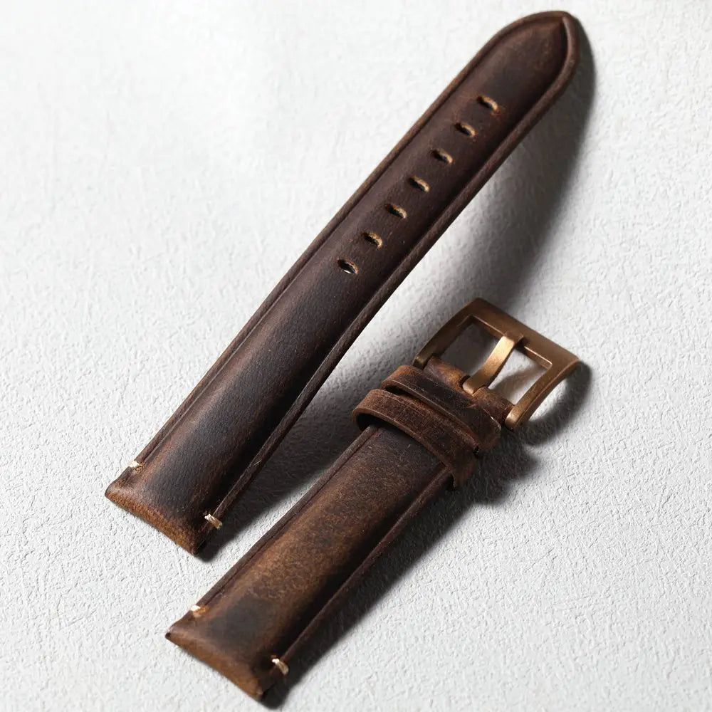 Cinturino in pelle bovina primo strato fatto a mano, chiusura in bronzo, accessori per orologi in bronzo 19 20 21 22 MM, cinturino vintage marrone smerigliato