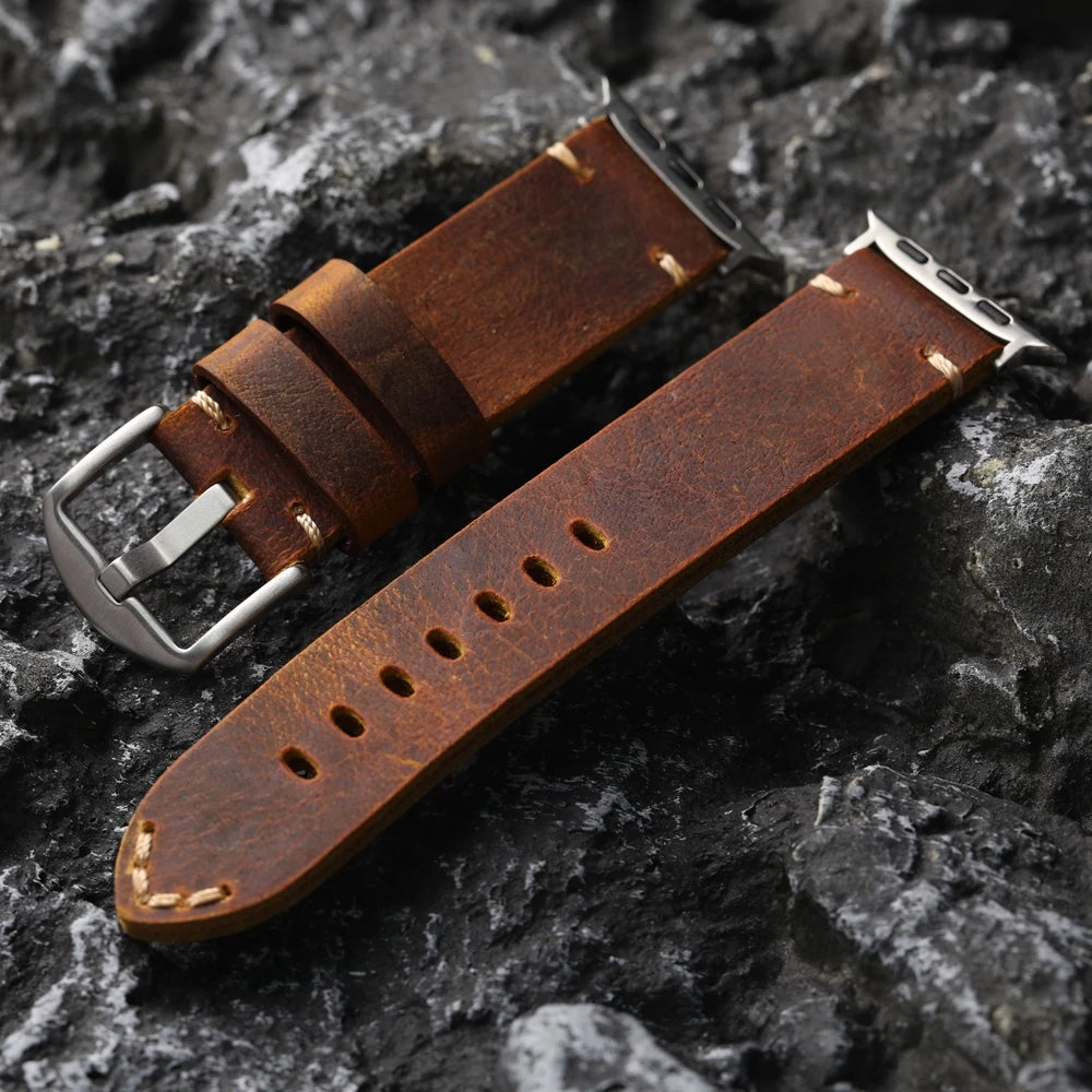 Bracciale in pelle bovina da uomo fatto a mano strato superiore, stile retrò per iWatch Apple Watch Ultra 2 49MM 45MM 44MM 42MM, cinturino spesso marrone