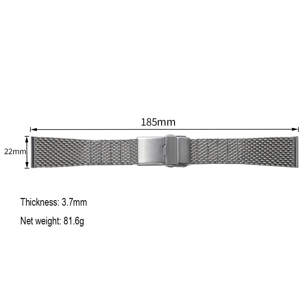 Bracciale universale in maglia di acciaio inossidabile, estremità piatta, a vite, argento, alta qualità, alla moda, chiusura pieghevole in metallo, 22 mm