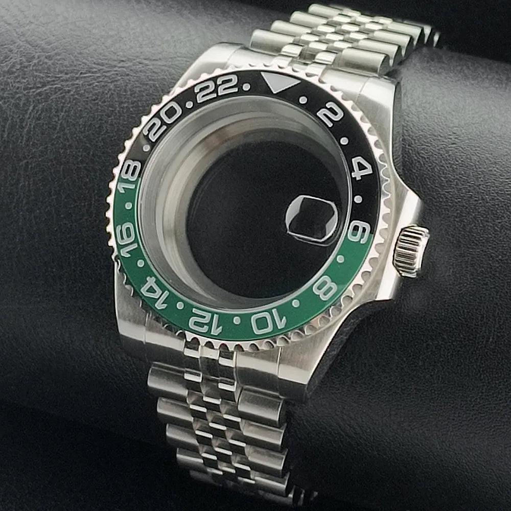 Nouveau 40.5mm GMT fit NH-34 boîtier en argent lunette peut tourner dans les deux directions saphir boîtier de montre étanche pièces de montre accessoires