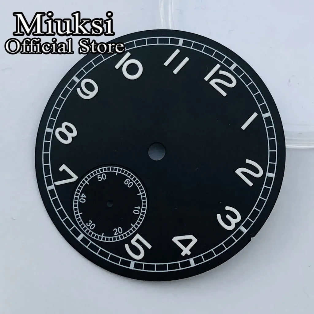 Miuksi 37mm Black White Blue Luminous Watch Dial Fit ETA 6498 ST3620 Series Movement
