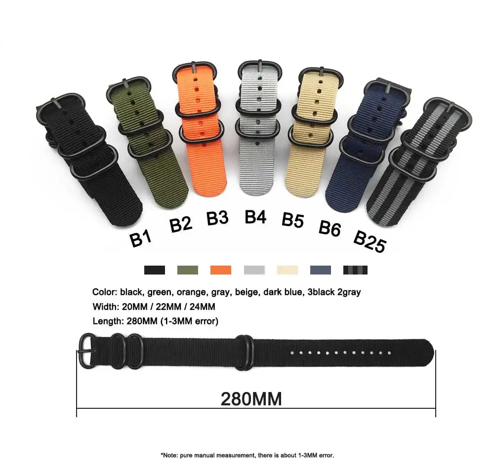 Bracelet de montre multicolore en Nylon noir, boucle d'anneau 18mm 20mm 22mm 24mm rayé étanche, accessoires de montre de remplacement pour hommes et femmes