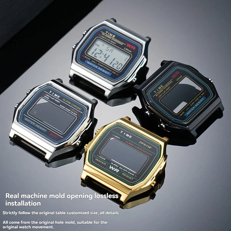 Boîtier de lunette métallique en acier inoxydable + Kit de bracelet pour Casio F91W/A158/A159 – Bracelet de montre et outils de remplacement personnalisés (argent/noir/or)