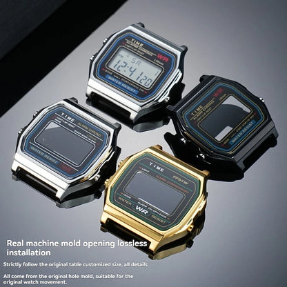 Boîtier de lunette métallique en acier inoxydable + Kit de bracelet pour Casio F91W/A158/A159 – Bracelet de montre et outils de remplacement personnalisés (argent/noir/or)