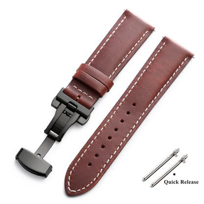 Bracelet de montre Vintage en cuir ciré à l'huile, 18mm 20mm 22mm, couche de tête universelle en cuir de vache, accessoires de Bracelet à boucle papillon