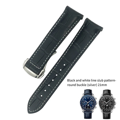 Bracelet de montre en cuir véritable à extrémité incurvée pour Omega Speedmaster Seam84AT150, déploiement struc19 mm 20mm 21mm, noir, bleu
