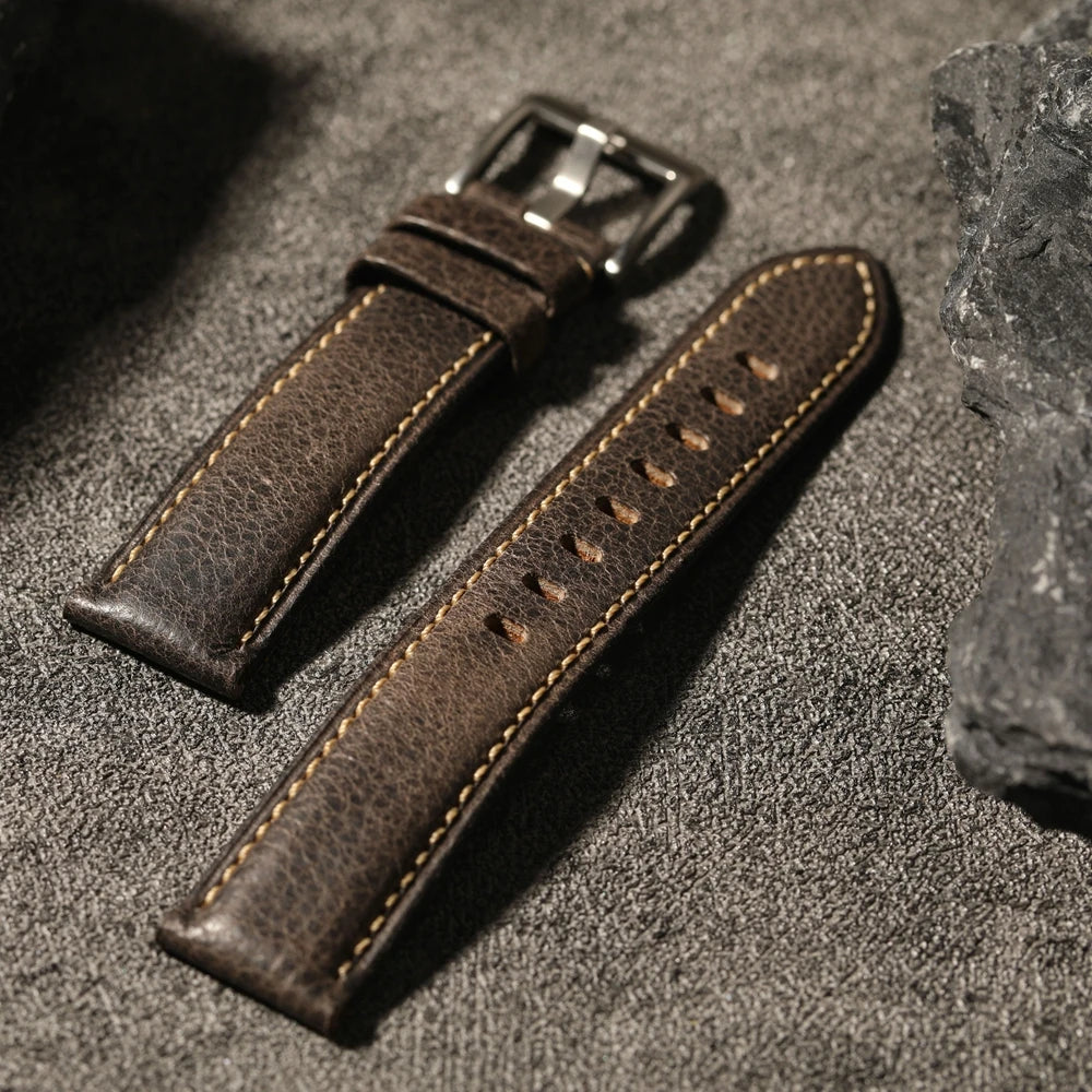 Men's Waxed Leather Watch Strap, Handmade Top Layer, Grey Leather, Italian Leather, High-End, 20mm, 22mm