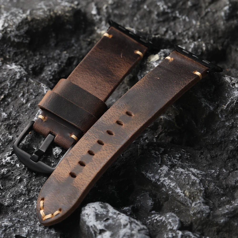 Bracciale in pelle bovina da uomo fatto a mano strato superiore, stile retrò per iWatch Apple Watch Ultra 2 49MM 45MM 44MM 42MM, cinturino spesso marrone