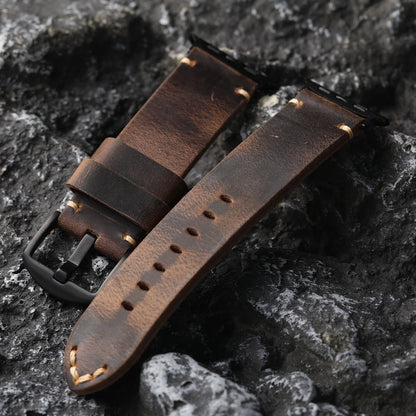 Bracciale in pelle bovina da uomo fatto a mano strato superiore, stile retrò per iWatch Apple Watch Ultra 2 49MM 45MM 44MM 42MM, cinturino spesso marrone