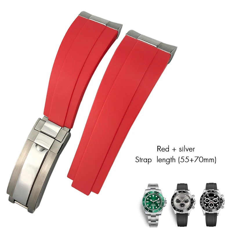 Cinturino per orologio in gomma a maglie metalliche, estremità curva, 20 mm, per orologio Rolex Daytona GMT Yacht Master Submariner, cinturino verde alla moda