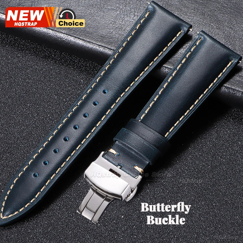 Bracelet de montre vintage en cuir huilé avec boucle papillon 18mm 19mm 20mm 21mm 22mm pour homme et femme, fermoir à ardillon