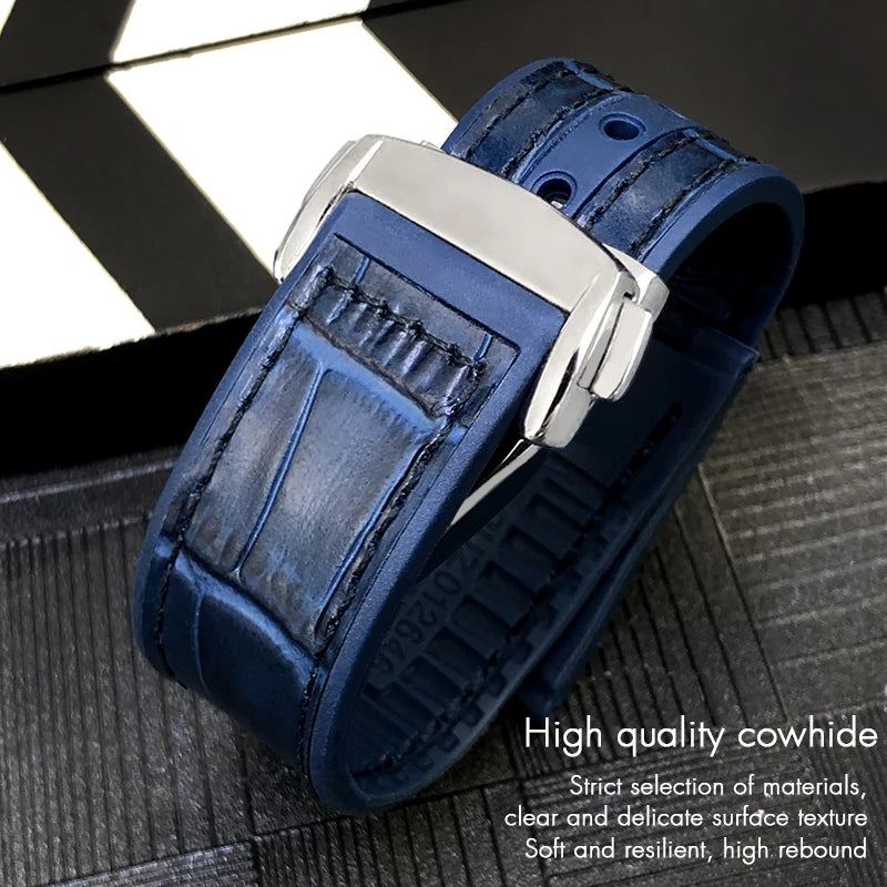 Concave Rubber Cowhide Watch Band, Silicone Leather Watch Strap, Special for Omega Constellation Foldover Structure, 25mm * 14mm