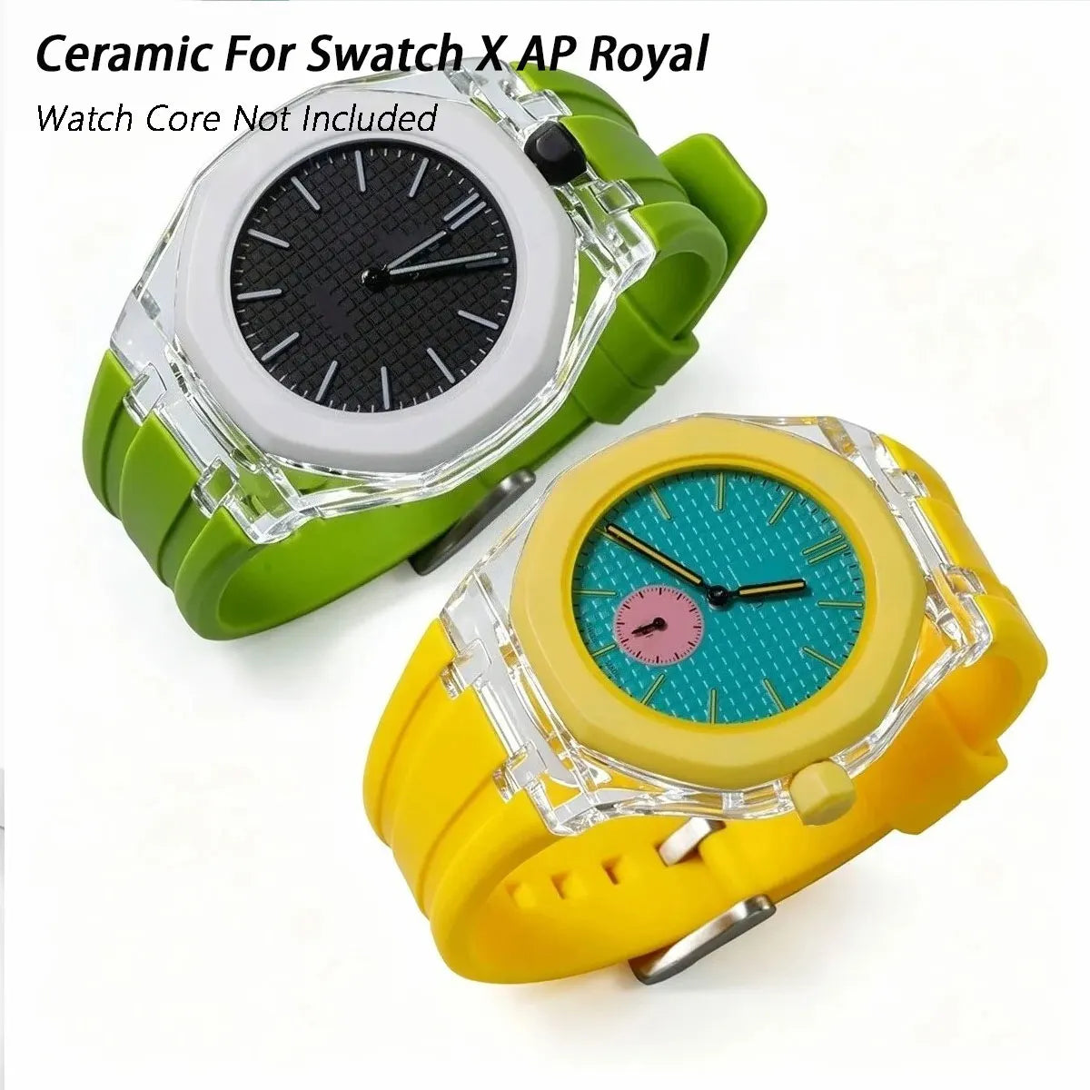 Cassa in plastica trasparente Glacier + cinturino in silicone per orologio da taschino AP X Swatch Royal Pop, trasformatore da orologio da taschino a cinturino in caucciù
