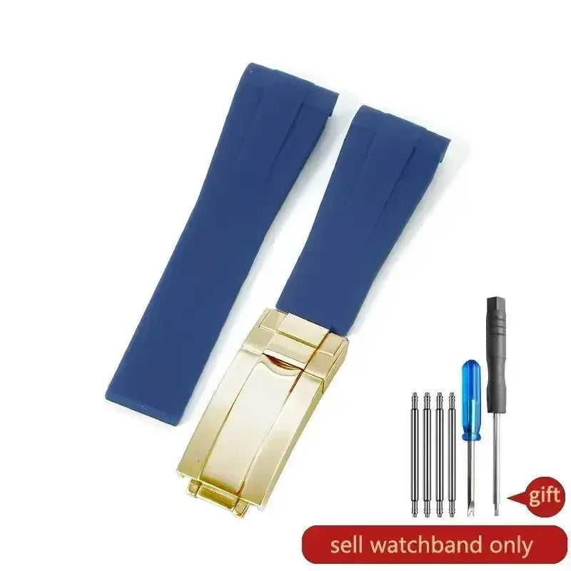 High-quality silicone watch strap in colorful styles (black, green, red, blue, white), with a curved interface for Rolex Datejust Submariner straps.