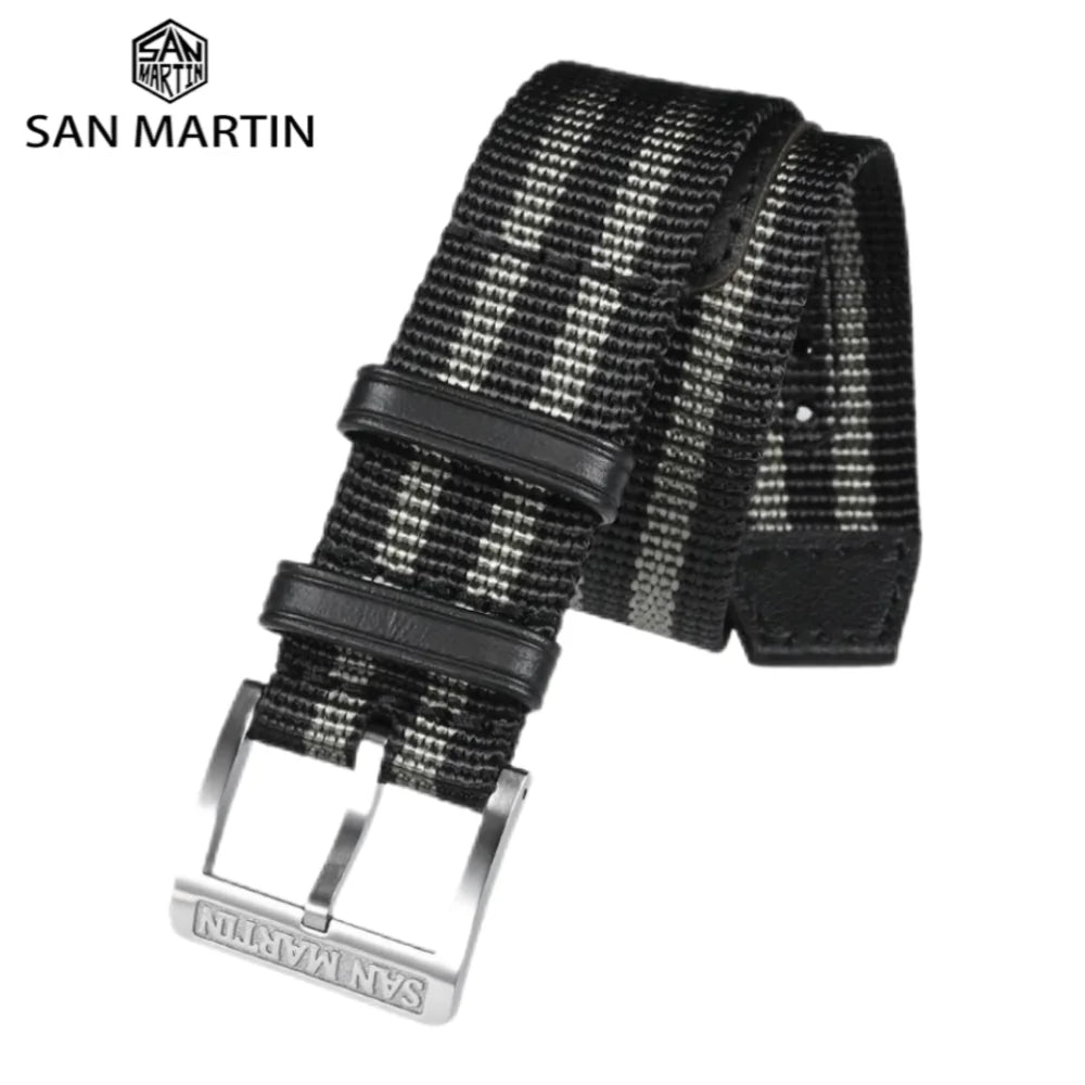 Cinturino per orologio San Martin, pezzo unico, 20 mm, nylon resistente, acciaio inossidabile 316L, fibbia ad ardiglione con logo, fibbia in pelle retrò militare SN0105