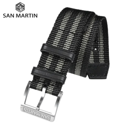 Cinturino per orologio San Martin, pezzo unico, 20 mm, nylon resistente, acciaio inossidabile 316L, fibbia ad ardiglione con logo, fibbia in pelle retrò militare SN0105
