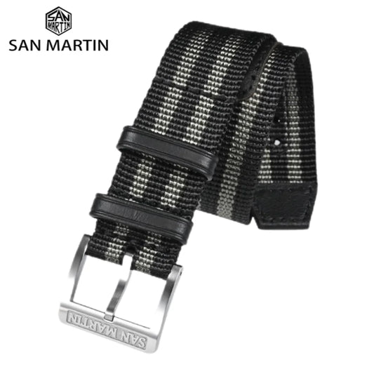 San Martin bracelet de montre une pièce 20mm bracelet en Nylon solide en acier inoxydable 316L Logo boucle ardillon boucle en cuir rétro militaire SN0105
