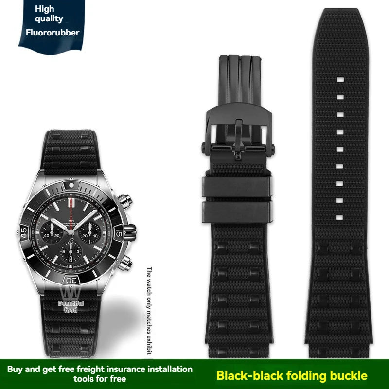 22mm 24mm FKM Viton Rubber Strap for Breitling Super Chronomat B01 44 Avenger, Waterproof Fluororubber Watch Band for Men