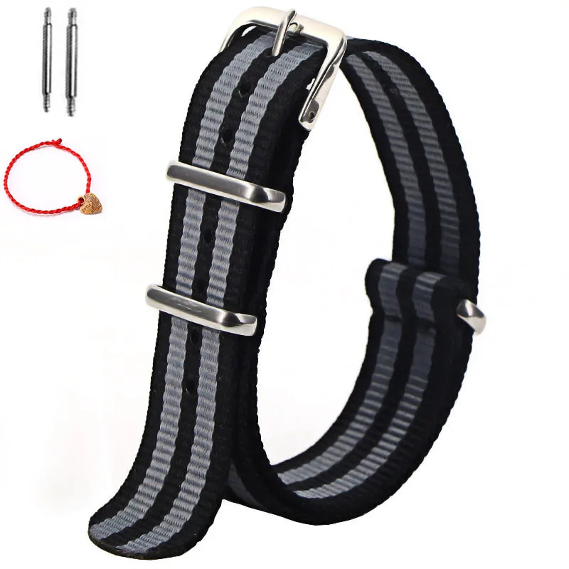 Bracelet de montre à rayures de remplacement pour hommes et femmes, en Nylon, avec boucle ardillon argentée, 16MM 18MM 20MM 22MM, bracelet à dégagement rapide