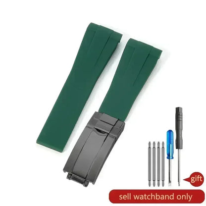 High-quality silicone watch strap in colorful styles (black, green, red, blue, white), with a curved interface for Rolex Datejust Submariner straps.
