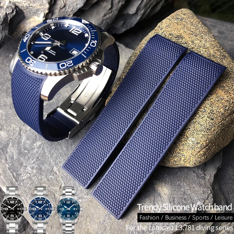 Bracelet de montre en caoutchouc et Silicone, 19mm 20mm 21mm, noir et bleu, pour montre Longines Master Conquest HydroConquest série L3