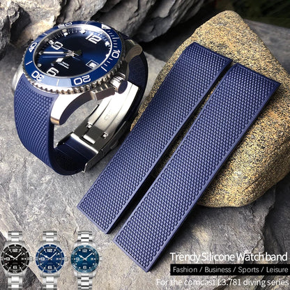 Bracelet de montre en caoutchouc et Silicone, 19mm 20mm 21mm, noir et bleu, pour montre Longines Master Conquest HydroConquest série L3