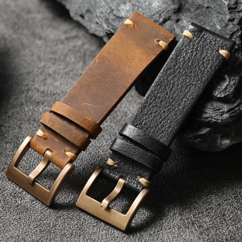 Handmade Top Layer Cowhide Leather Strap, Black Brown Bronze Watchband 19 20 21 22MM, Pure Copper Bezel, Bronze Watch Accessories