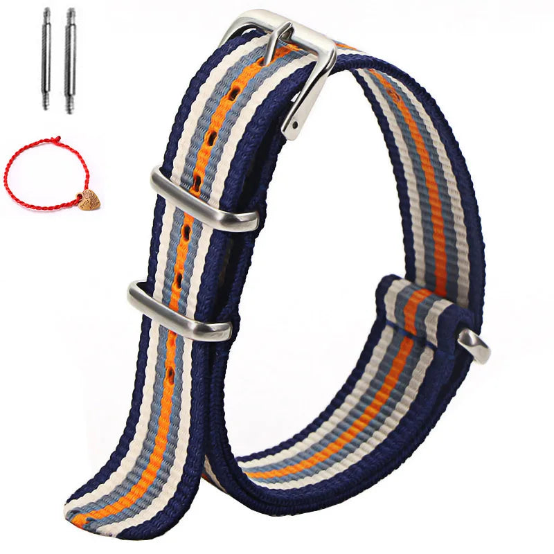 Bracelet de montre à rayures de remplacement pour hommes et femmes, en Nylon, avec boucle ardillon argentée, 16MM 18MM 20MM 22MM, bracelet à dégagement rapide