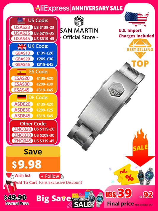San Martin - Chiusura regolabile per cinturino di orologio, non universale, modello specifico da 16 mm